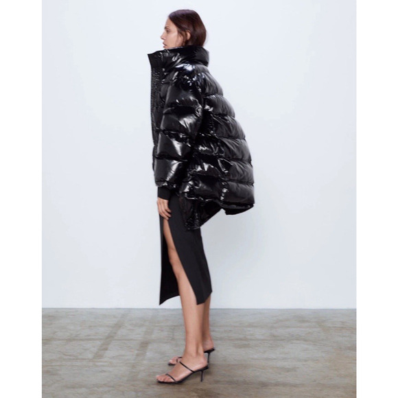 Zara Oversized Puffer Coat Glossy Shiny Jacket Size Medium Black Vogue Runway - Picture 11 of 16